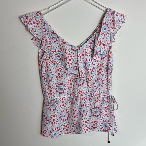 ANNIE GRIFFIN V Neck Sleeveless Blouse S Floral Tie Waist - Picture 1 of 5